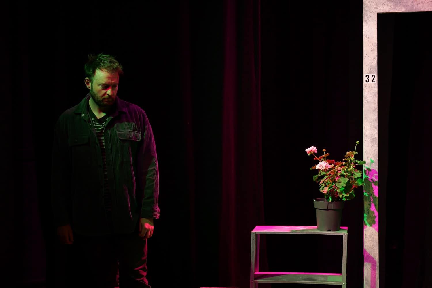 Man with a beard stands on a dim stage left, wearing a dark jacket, next to a small metal table with a potted flowering plant under colored lighting.